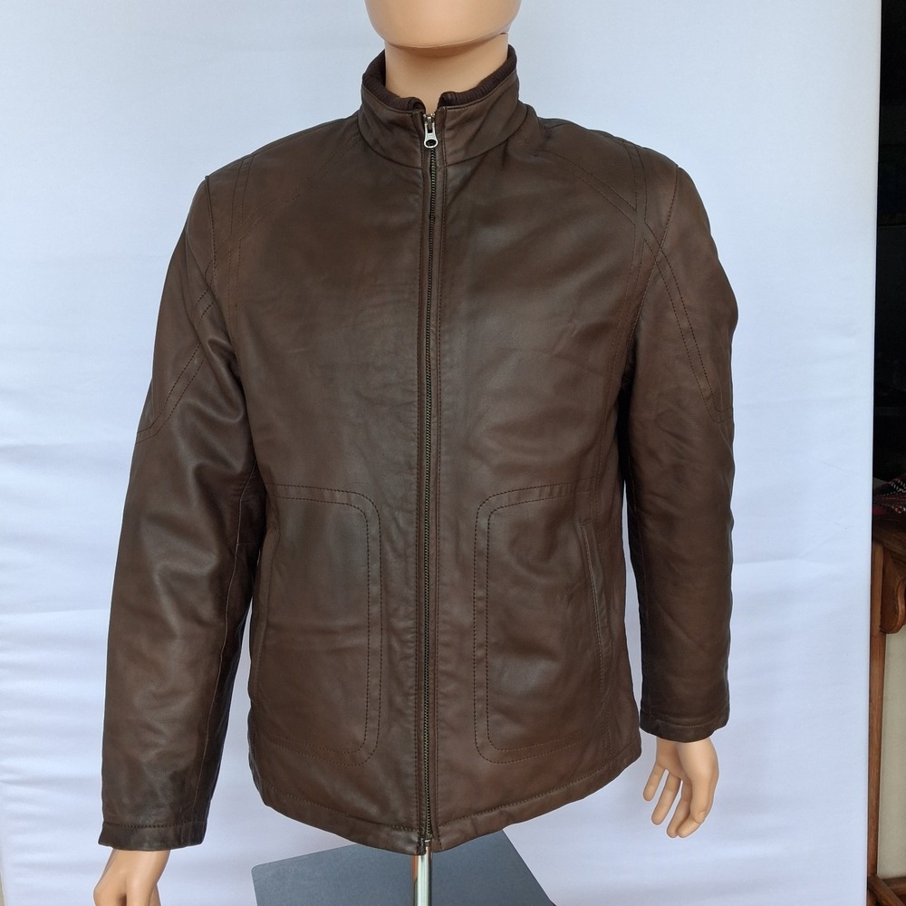 Danier Men's soft Leather brown jacket with a stand collar and full-zip front.